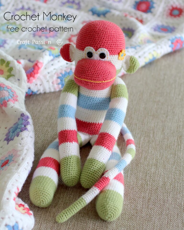 Free Crochet Monkey Amigurumi Pattern: This 18" Sock Monkey-inspired design is a perfect cuddly toy for kids and a fun project for crochet lovers!