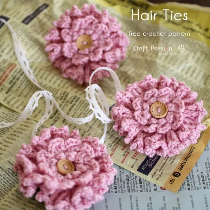 Make a beautiful ruffled flower crochet pattern from stashed yarn or leftover, perfect as a handmade gift like a brooch or hair tie or embellishment.