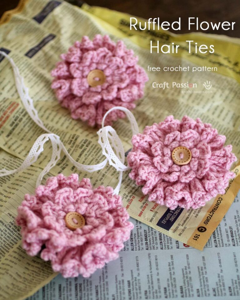 Make a beautiful ruffled flower crochet pattern from stashed yarn or leftover, perfect as a handmade gift like a brooch or hair tie or embellishment.