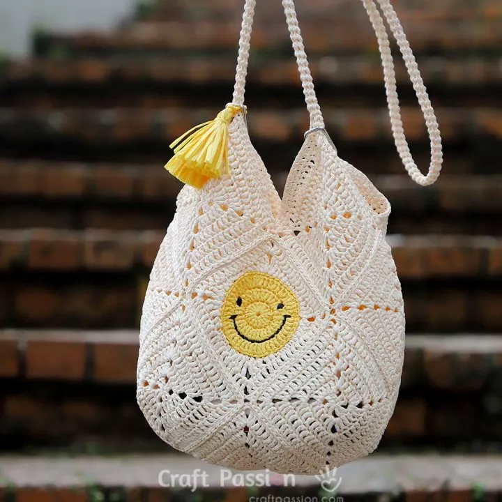 crochet smiley granny square tote bag