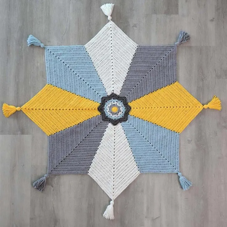 Starting off is one of our designs. Say hello to the Star Tassel Blanket! It's a gorgeous baby blanket that is easily customizable, and the approximate size is 35" from point to point. Skill Level: Beginners Yarn Weight: DK #3 Major Stitches: DC, HDCSP