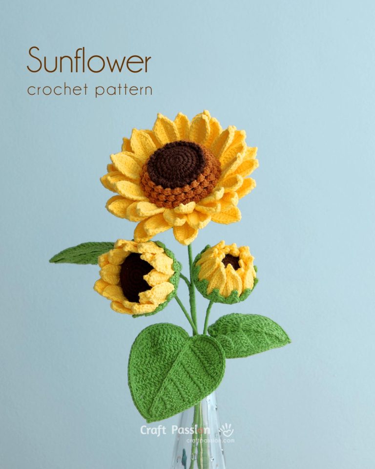 Crochet sunflower pattern with full bloom, half bloom, opening bud, and matching green leaves