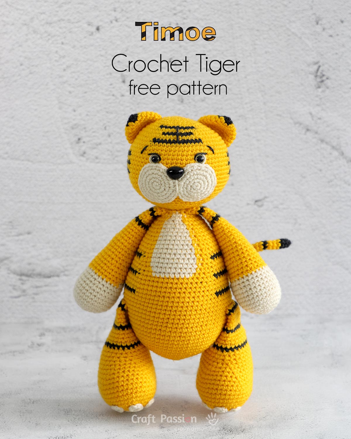 crochet tiger amigurumi pattern Timoe is a crochet stuffed animal that measures about 12.5" tall when standing. Just like the rest of the animal patterns in ZooVenture, Timoe is made in a huggable size, making it a perfect gift, especially for kids.