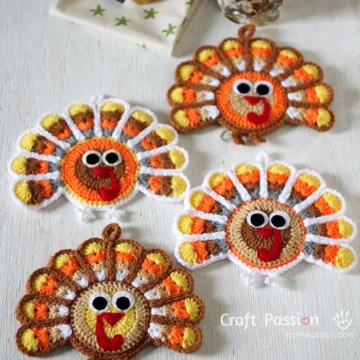 Free Turkey Coasters Crochet Pattern, can be used as coasters, ornaments, or decorations. Perfect for Thanksgiving as gifts & fall decorations.