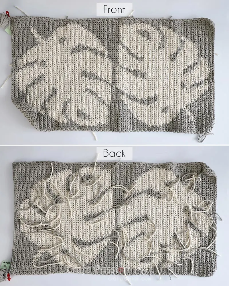 front and back of crochet wall hanging