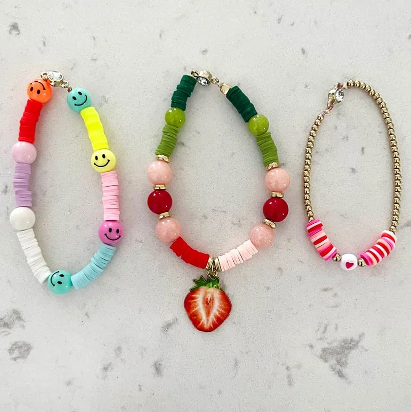 Clay bead bracelets are fun to make for kids and adults of all ages! Check out the clay bead bracelet ideas that A Beautiful Mess has to offer. With cute Shrinky Dinks charms, smiley face beads and multicolored clay discs, there are so many possibilities for crafting your own fun bracelets.