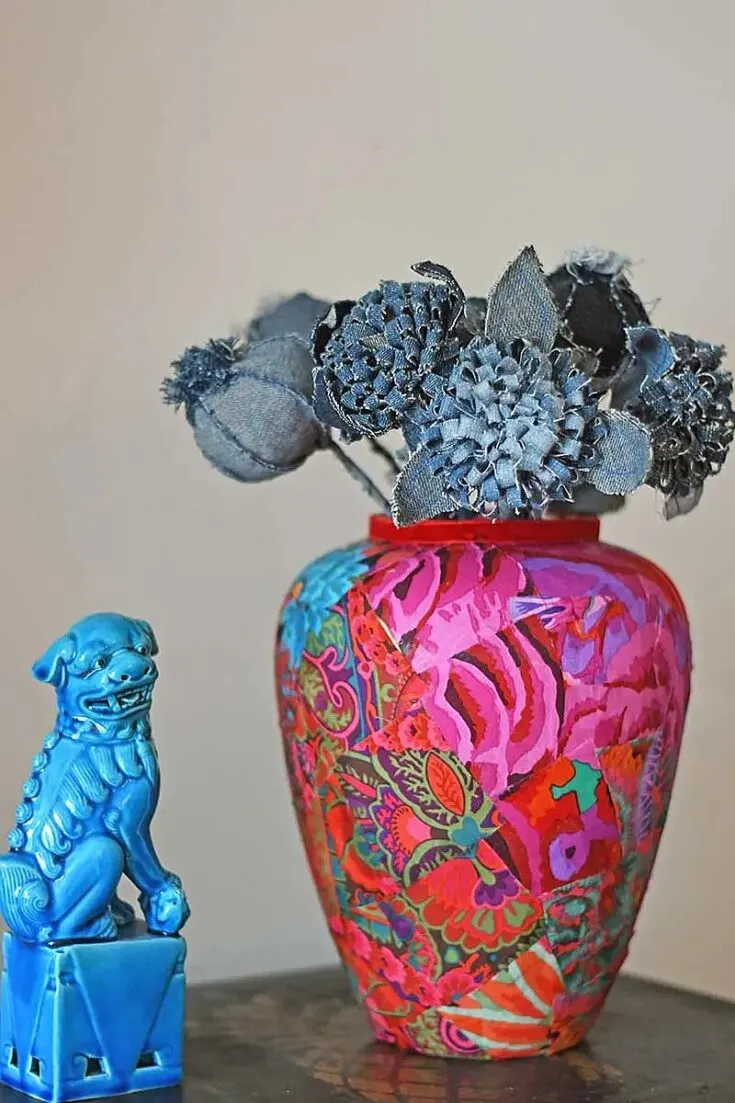 Give this decoupage vase a try if you have a lot of fabric scraps that are too small for you to use. This can work on a ceramic, glass or wood vase, just be sure to use a bigger vase to showcase the pattern of your scraps.