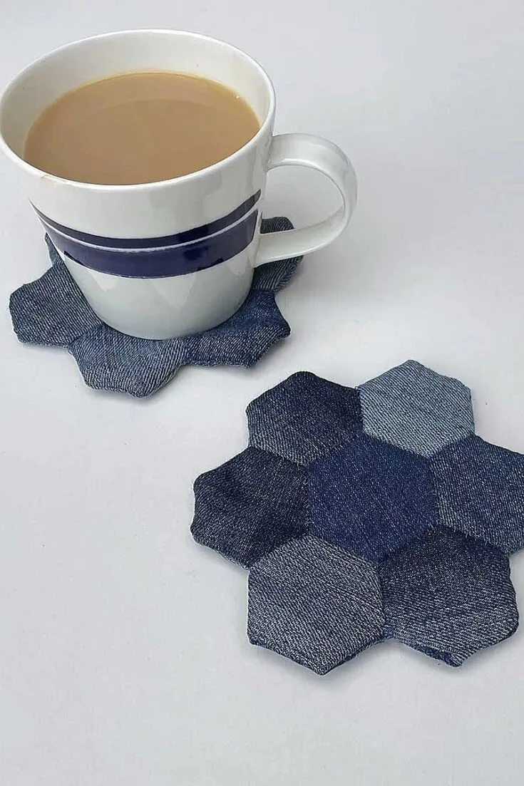 This denim mug rug is another project that uses english paper piecings. Denim is used in the original tutorial but it can easily be swapped for other suitable fabric scraps you have on hand.