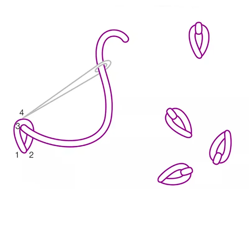 The detached chain stitch is sometimes referred to as the single chain stitch. It looks like a teardrop or flower petal shape that can be used to build into other motifs.