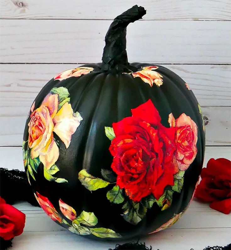 Remember how we talked about some alternative supplies for painting pumpkin ideas? Well, here's one that decoupages the pumpkin with napkins! It takes a lot of time and a steady hand, but isn't this gorgeous pumpkin worth it?