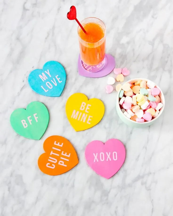 Enjoy a conversation-filled morning with a cup of coffee by using these conversation heart coasters on Valentine's Day!