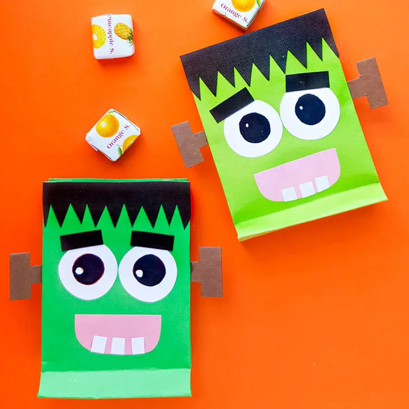 Turn an ordinary bag into a Frankenstein-themed treat bag with a mouth, eyes, and bolts! This DIY project is a fun way to add a spooky, personalized touch to Halloween treats and is perfect for getting kids excited about their goodies.