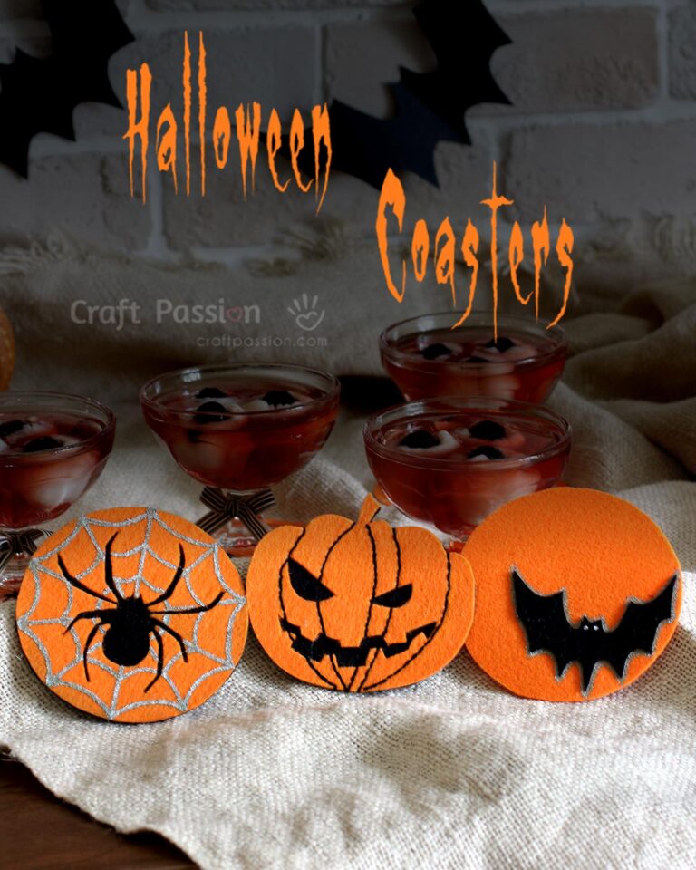 Get templates & tutorial to DIY Halloween coasters. Serving EYEBALLS COCKTAIL on pumpkin, spider & bat coasters to surprise your guest.