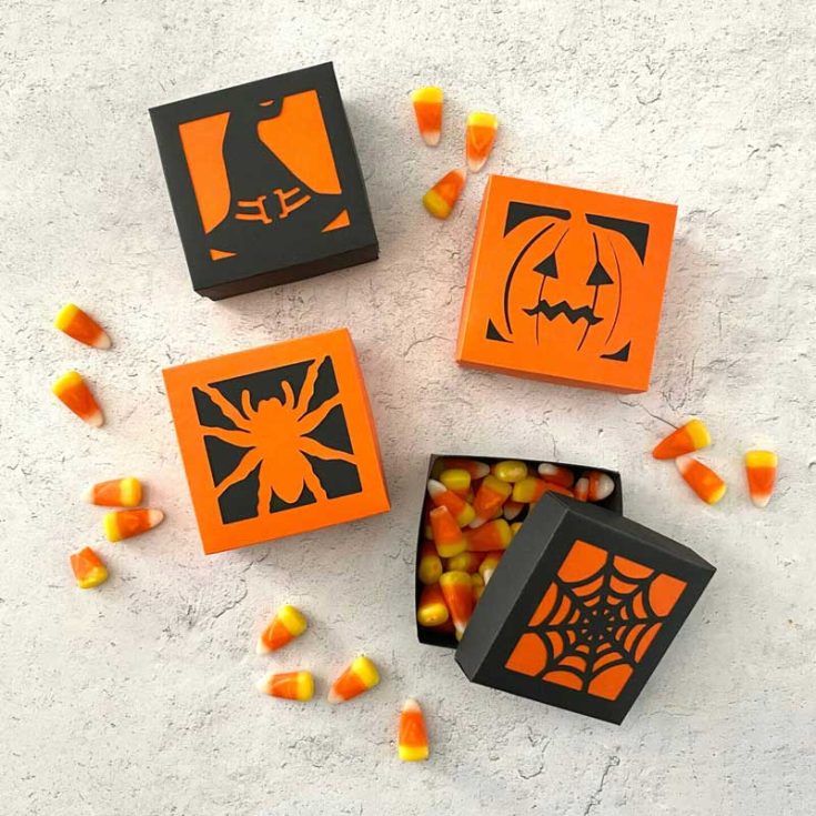 These DIY Halloween boxes are easy peasy for those with a cutting machine! Create spooky Halloween treat boxes that are the perfect size for small candies and goodies. The free designs include a witch&rsquo;s hat, jack-o&rsquo;-lantern, spider, and spider web.