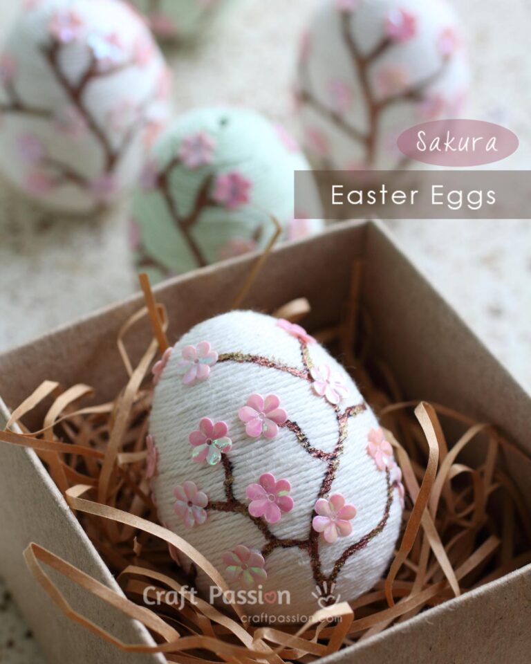 Celebrate Easter with a Japanese Sakura theme. Create easy and beautiful Easter Eggs using yarn and flower sequins in just 5 minutes!
