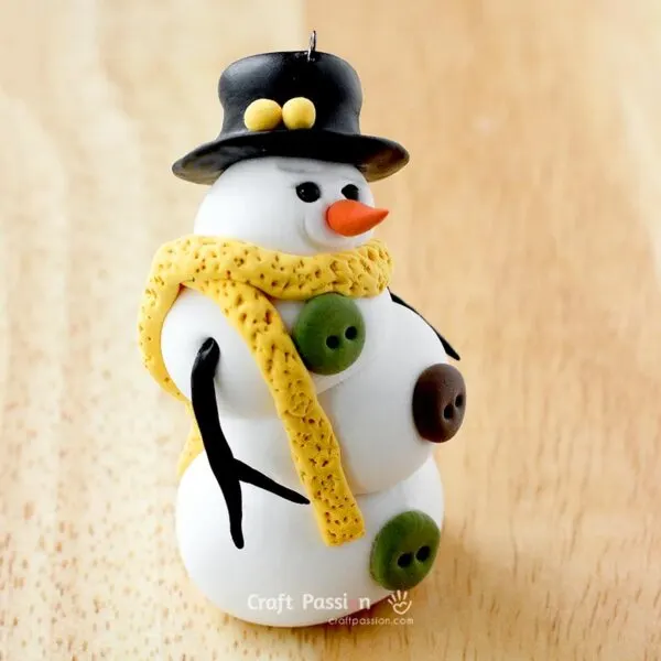 complete DIY snowman ornament made from clay