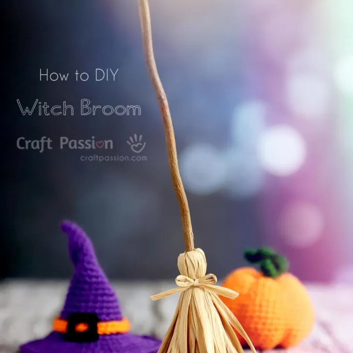 Easy tutorial on how to DIY witch broom. Even kids can make it. What you need are a twig, stiffened yarn, & some craft tools from your craft drawer.