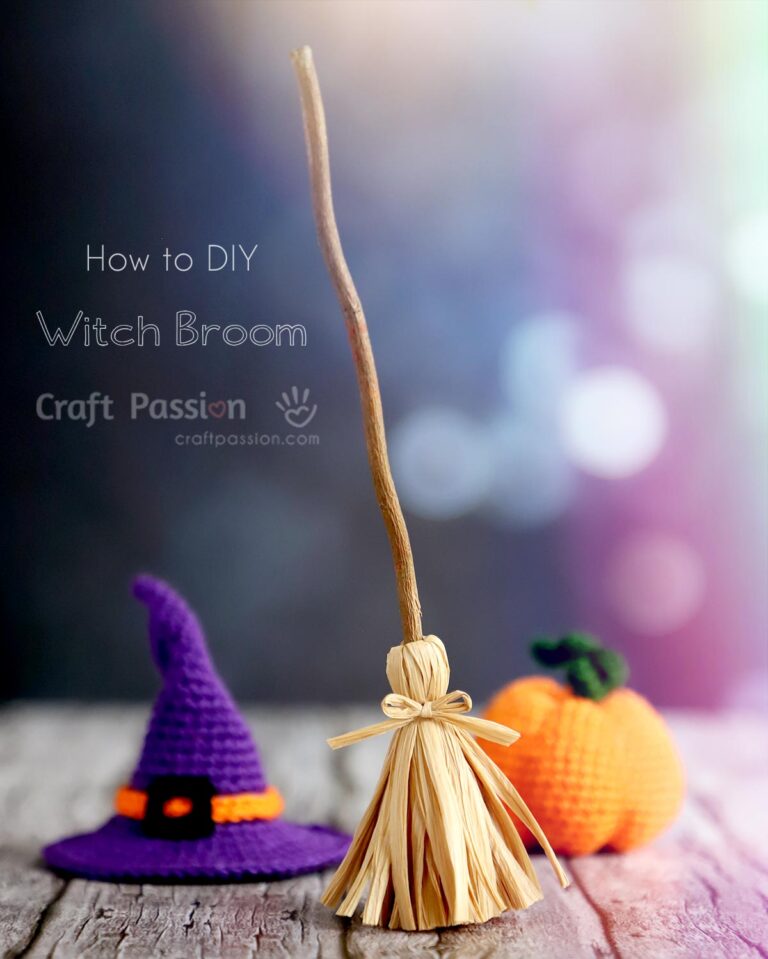 Easy tutorial on how to DIY witch broom. Even kids can make it. What you need are a twig, stiffened yarn, & some craft tools from your craft drawer.