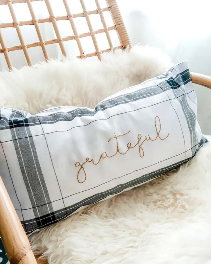 This is an easy and inexpensive craft that&rsquo;s perfect for your Autumn decor! With some plaid towels from Dollar Tree, adding some simple embroidery, sew them together and some add pillow stuffing, you have yourself a personalized throw pillow perfect for making your couch extra comfy.