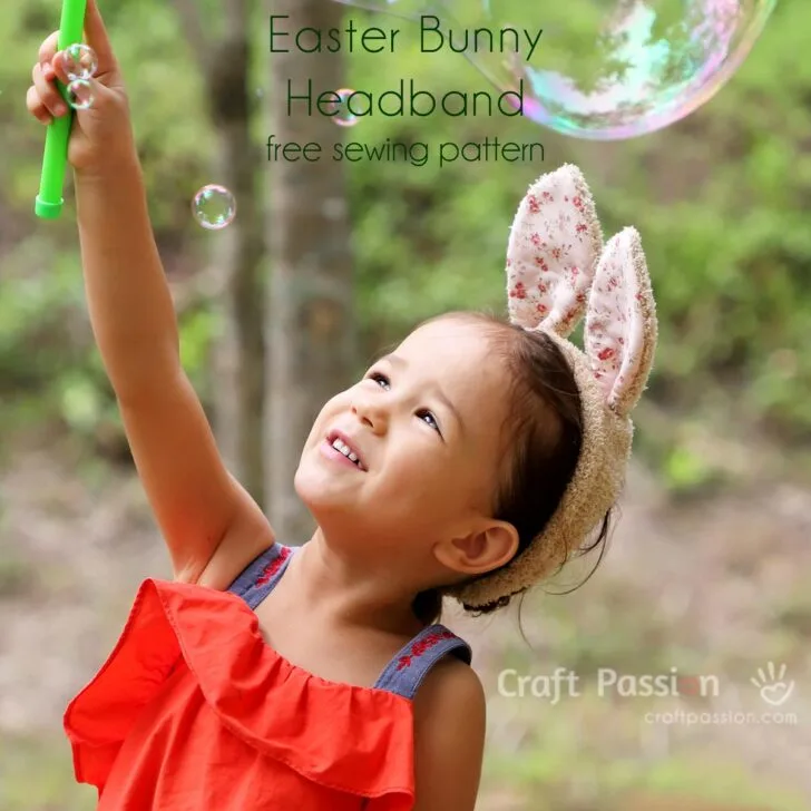 DIY cute bunny ears headband in kid & adult size for a bunny-themed party or Easter celebration. Free printable sewing patterns available for immediate download