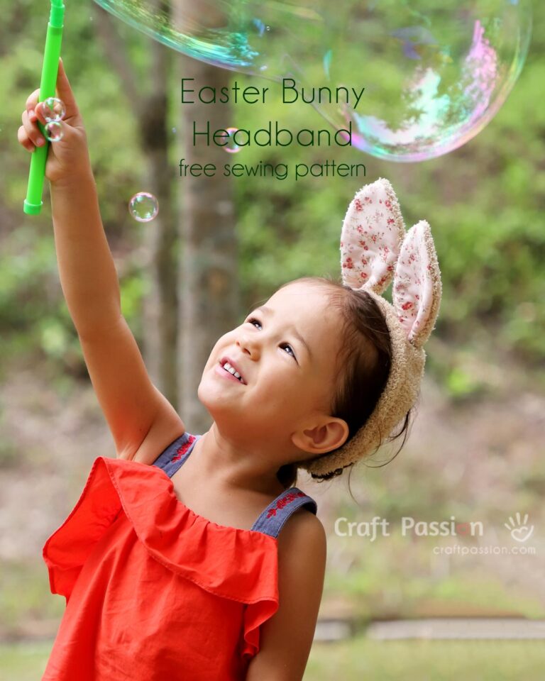 DIY cute bunny ears headband in kid & adult size for a bunny-themed party or Easter celebration. Free printable sewing patterns available for immediate download