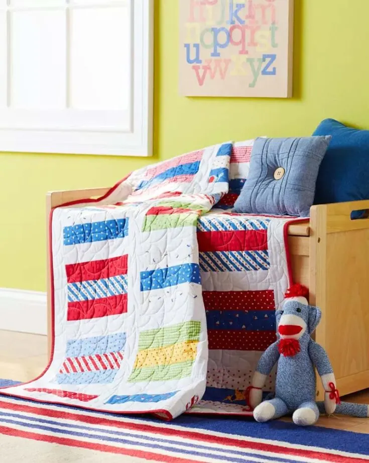 Like its name, this pattern is as easy as 1-2-3! All you would need to make this baby quilt pattern size 46 &frac12;&rdquo; x 50 &frac12;&rdquo; is to prepare assorted prints in your favorite colors and some yards for backing, binding, borders, and batting.