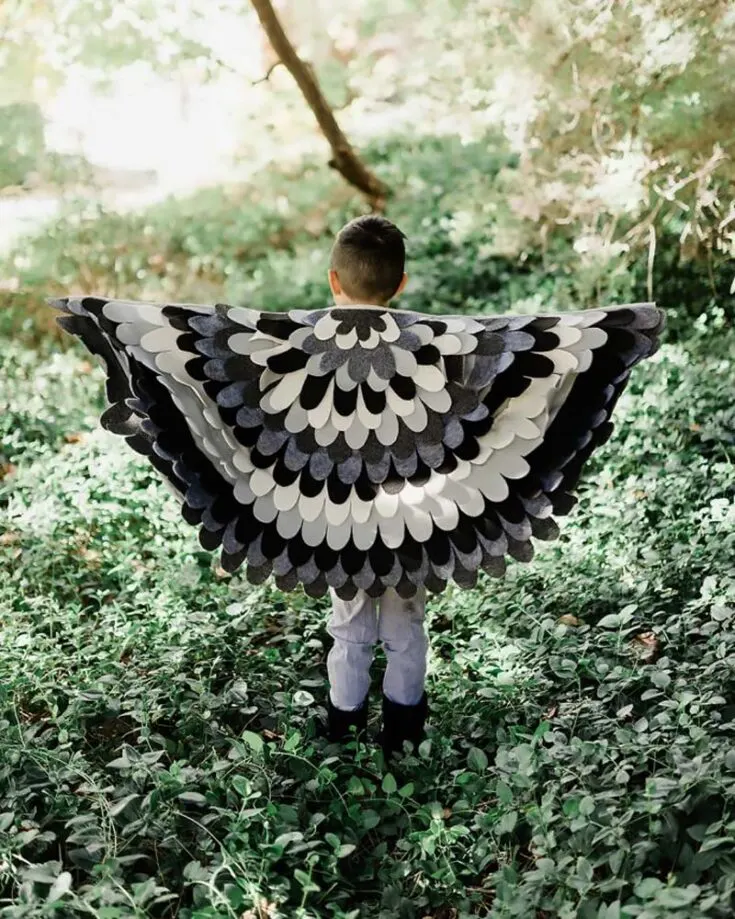 Let your creativity take flight as we soar high in creativity with this felt feather wing costume. Whether they retract or spread their wings, watch the vibrant feathers burst in various colors!