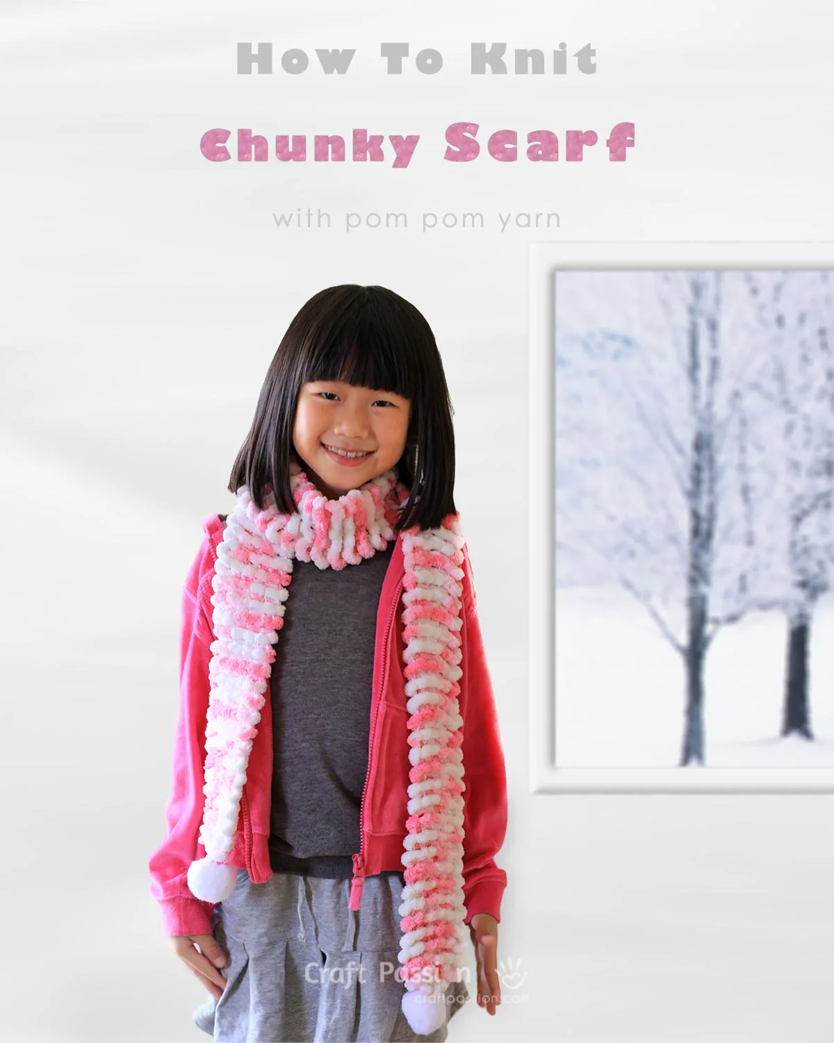 Learn how to make this easy chunky knit scarf by using pom-pom yarn. The free pattern comes with a video tutorial to show you the process.&nbsp;