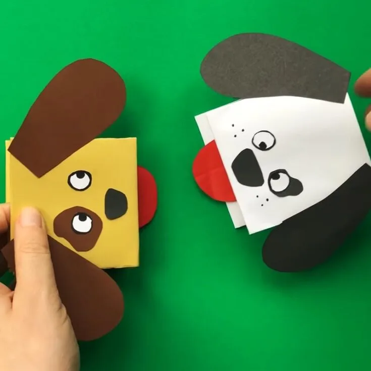 Dog lovers, this puppet is perfect for you. It is easy to make as you can use colored rectangular printer paper, which you probably have lying around. Give this one a go!