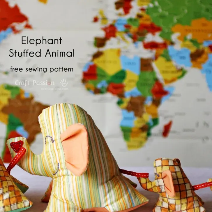 Free sewing pattern and tutorial on how to sew a cute Happy Family Elephant Stuffed Animal. Download and print the pattern in 2 sizes.