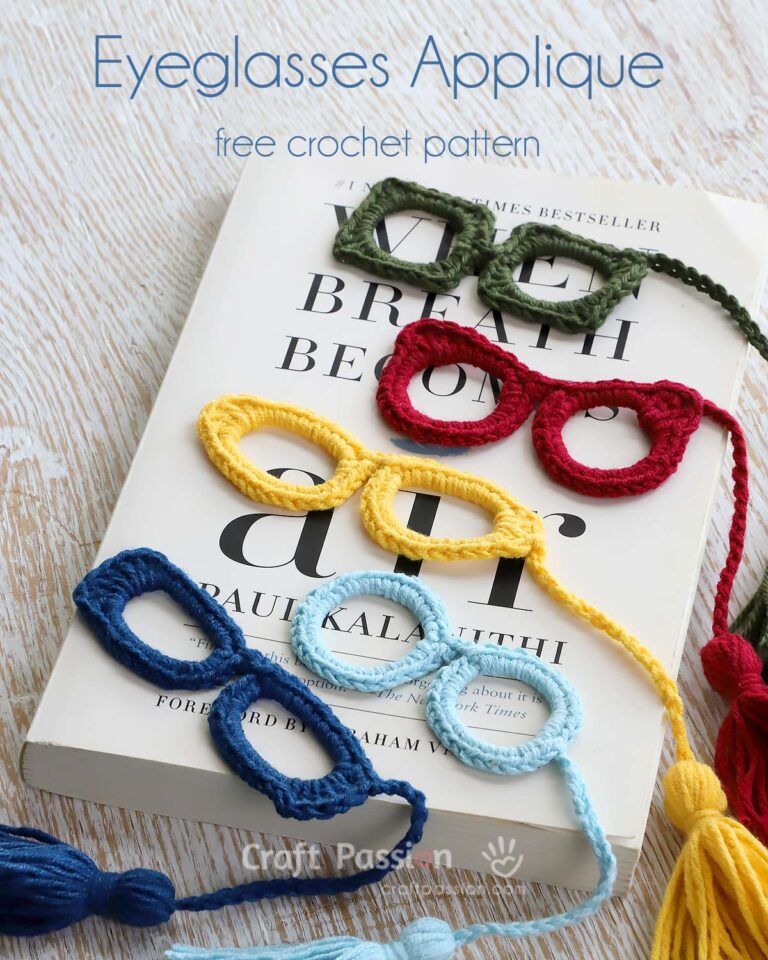 5 quick and easy eyeglasses applique crochet patterns to make into bookmarks, decorations, accessories etc. Perfect stash-buster crochet project.