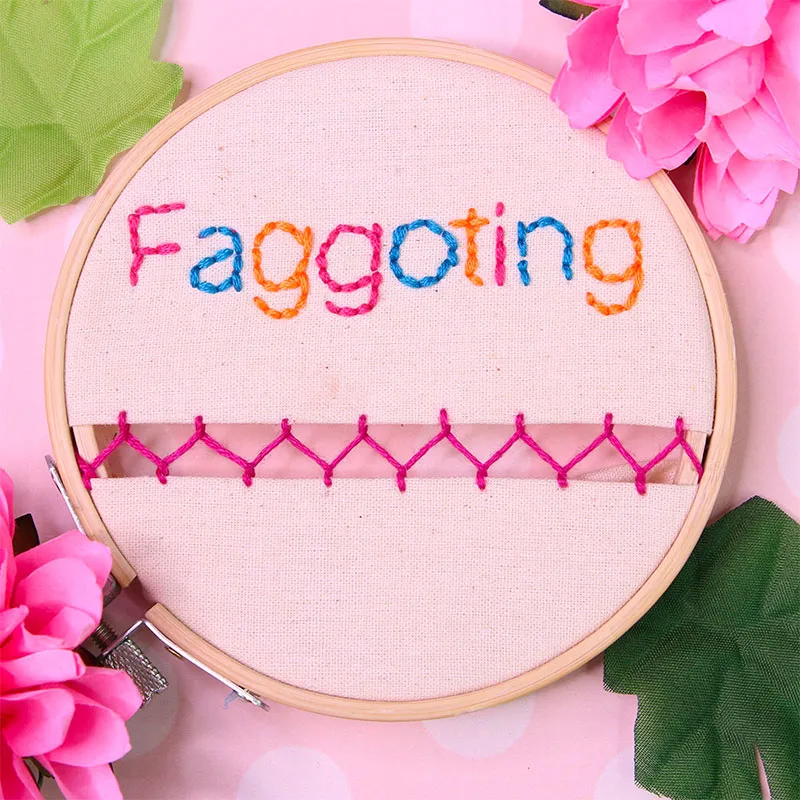 Faggoting is the act of joining 2 pieces of fabric with embroidery stitches. It is often used for skirt borders and napkins.