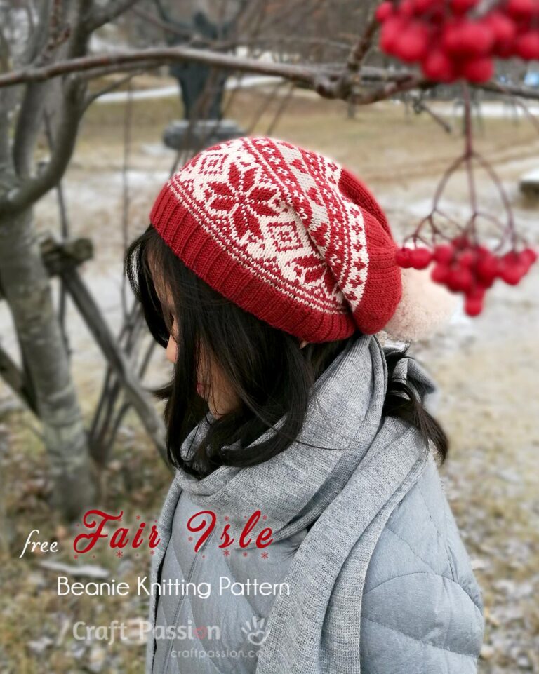 Free beanie knitting pattern to knit a beautiful Nordic Fair Isle pattern, slouchy shape with a pom-pom. Or knit with single color for a plain beanie.