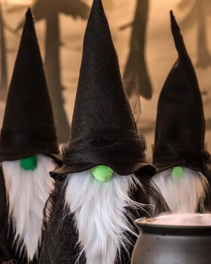 Who said gnomes only exist during the Christmas season? Check out these Gnome Witches. They serve as the perfect homemade Halloween decorations at your front door for trick-or-treaters to smile at! Just remember to add a cauldron to complete the look.