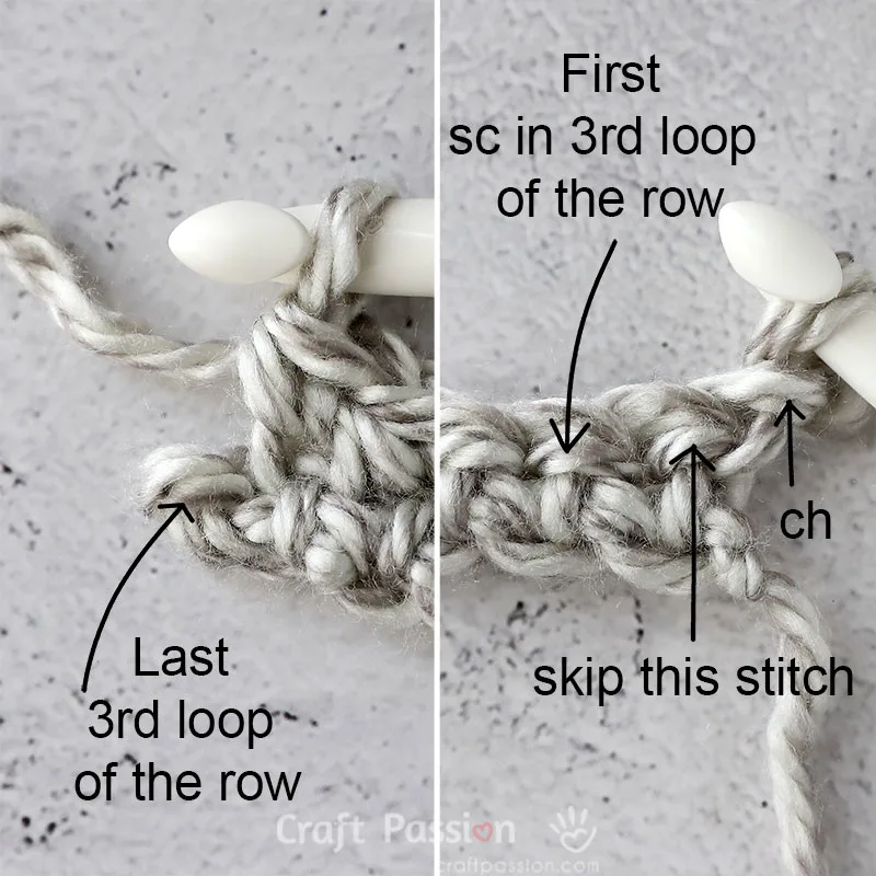 In order to have a straight edge for single crochet rib stitch, skip the first stitch of the row and finish the last sc in 3rd loop on the chain stitch of the previous row.