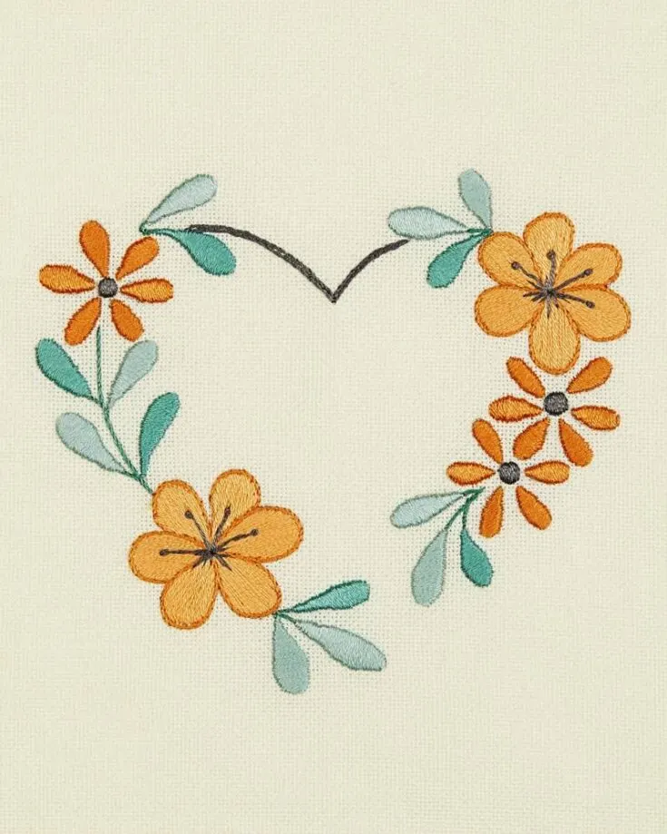 This delightful embroidery theme combines both the symbolism of love with the beauty of nature. This summer-themed floral heart embroidery only requires six colored flosses to brighten up your day.