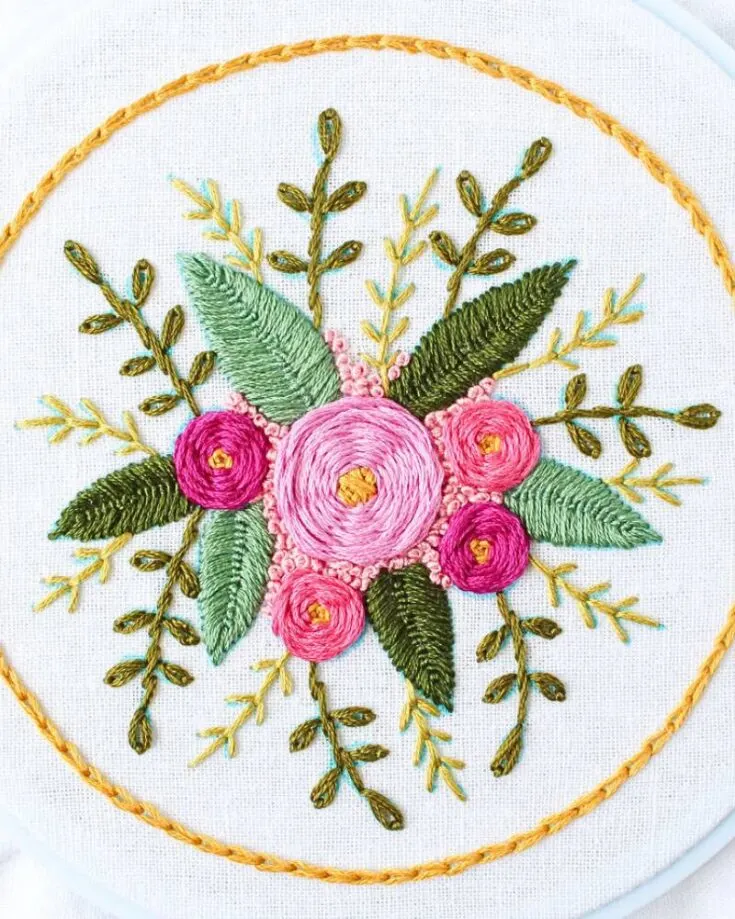 If you&rsquo;re looking to expand your skills on different methods of stitching, these flowers are the perfect design for you. Hone your skills while also experimenting with other colors to make your embroidery pop!