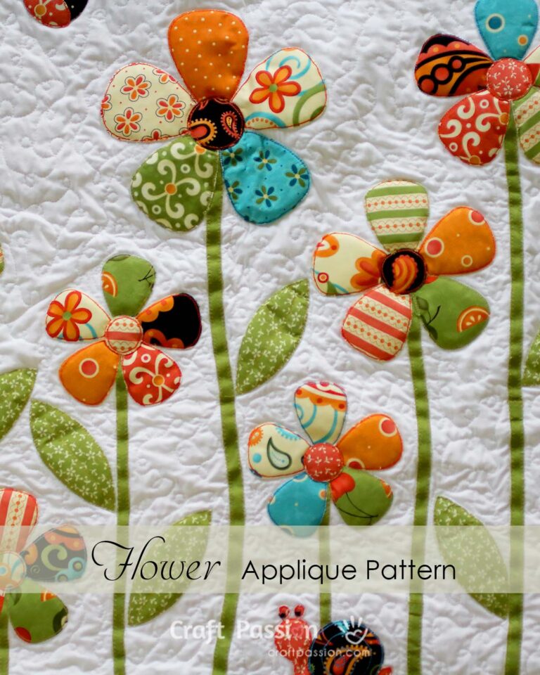 Download free flower appliqué patterns complete with leaf and stem to complete the Secret Garden Appliqué Quilt or for other sewing projects.
