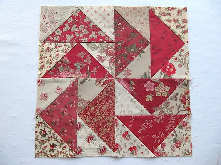 Since we're on the topic, here's another interesting block pattern, Dutchman's Puzzle, featuring flying geese blocks! This tutorial includes the no-waste method to obtain two small HSTs for every flying-geese block you make.
