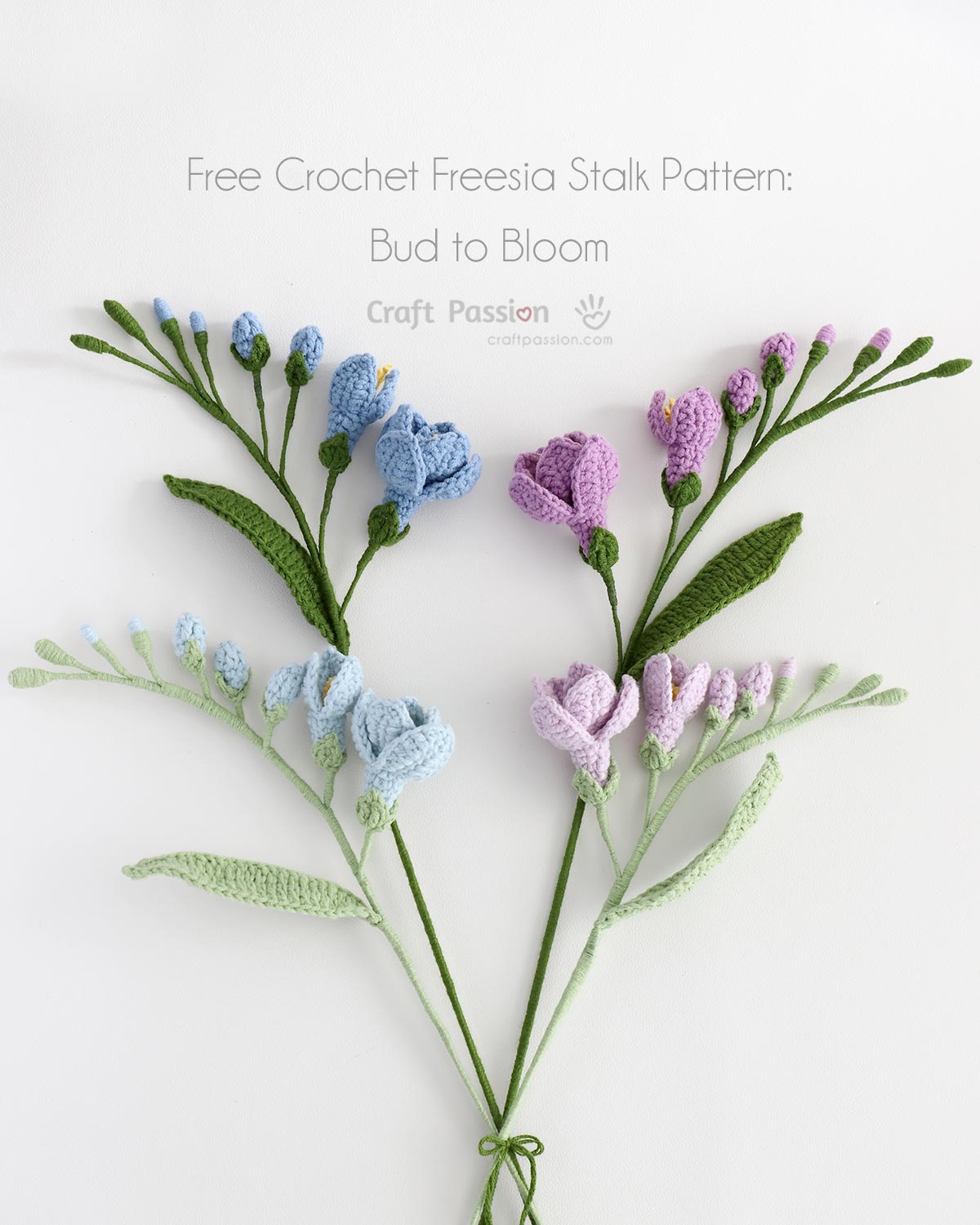 free crochet freesia pattern Free crochet freesia flower pattern showing a handmade stalk from bud to full bloom