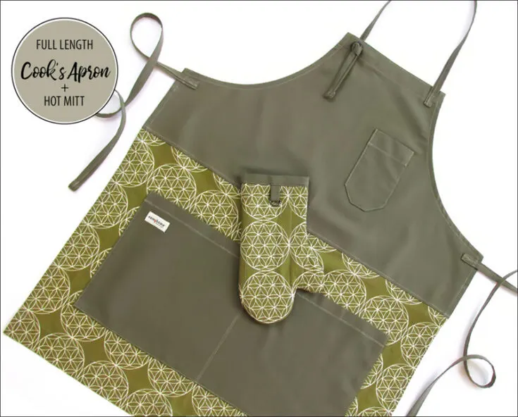 This cook's apron + hot mittens are the perfect set for anyone cooking up a delectable storm in the kitchen. This apron pattern utilizes metal grommets which adds a rustic detail to the adjustable neck straps.