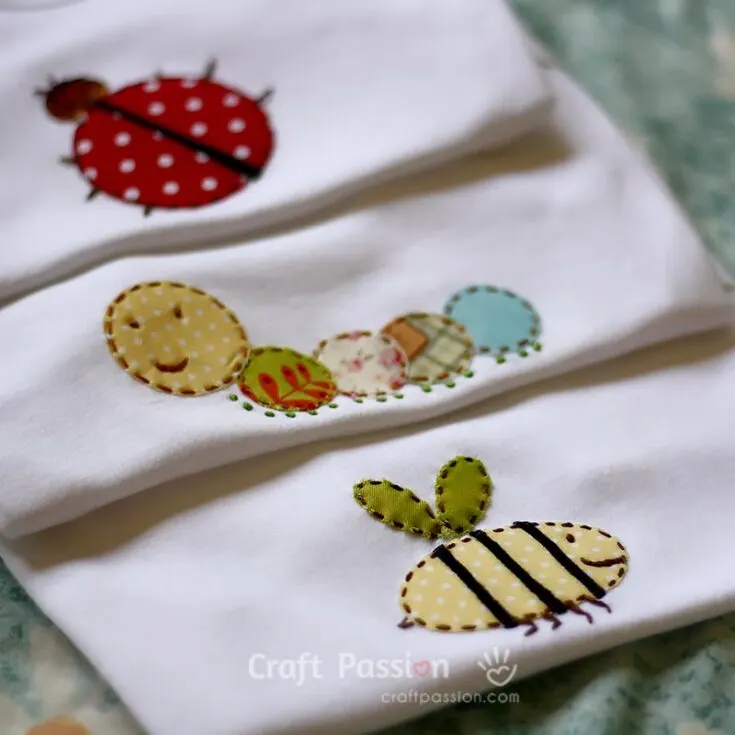 In this tutorial, you will learn how to easily create attractive bug appliqu&eacute; patterns and sew them onto the T-shirt fabric of a onesie. To begin, you need to secure the templates on the onesie using fusible web. After that, you can hand sew the edges using embroidery floss to make running stitches. These steps will help you create delightful appliqu&eacute;s on baby's onesie.