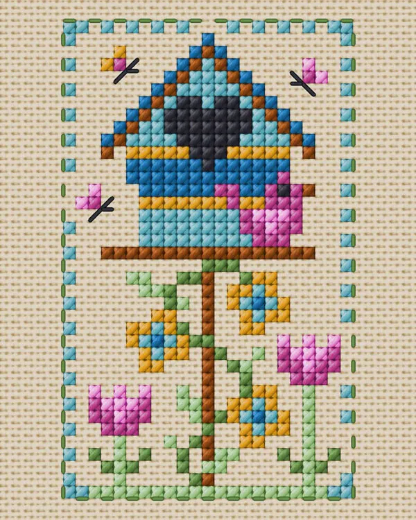 garden bird house free cross stitch pattern