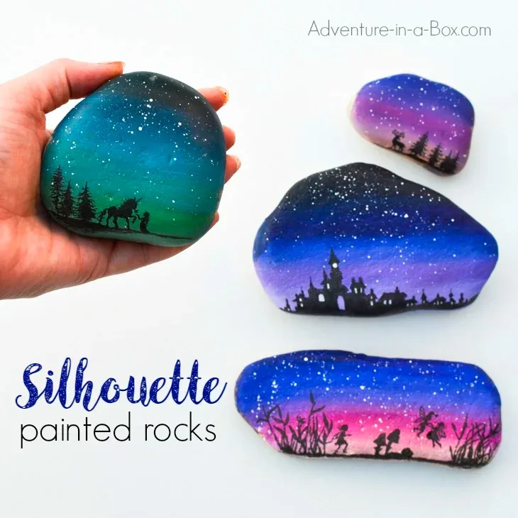 magical gradient painted rocks with silhouettes