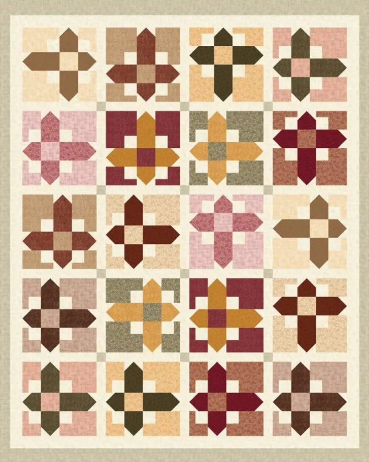 If your personal vibe screams rustic elegance, then this design is calling your name. It's a pattern fit for confident beginners to intermediate quilters and requires precisely 20 quilt blocks to make a 61.5" x 75" quilt.&nbsp;