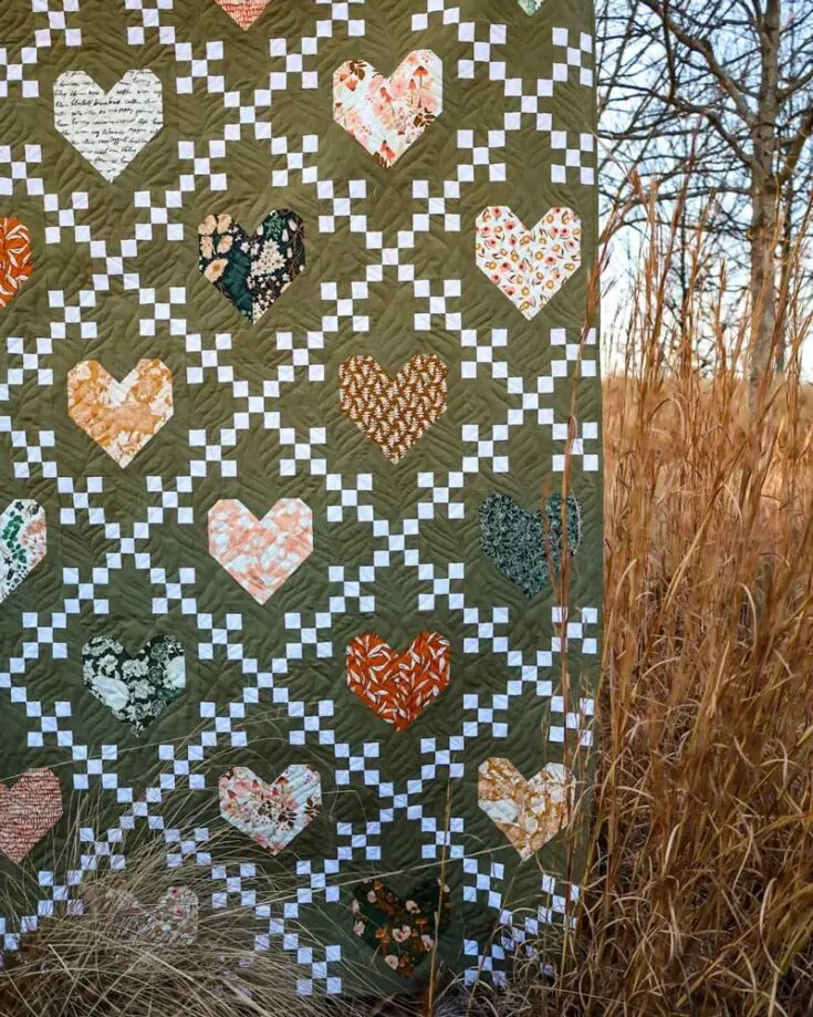 If you&rsquo;re an advanced beginner quilter looking for heart quilt patterns that will impress your friends and family for Valentine&rsquo;s Day, give this quilt a shot! It would be lovely with rustic-inspired home decor, and the pattern is made for purchase at a reasonable price. The pattern also comes in 3 sizes.