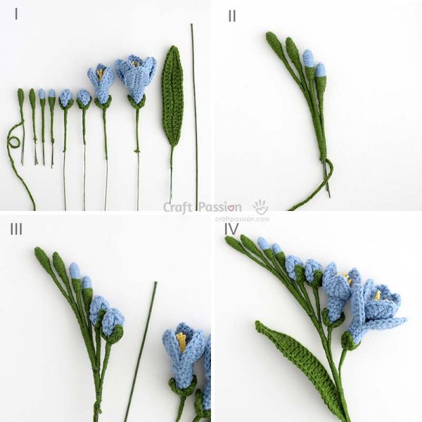 how to assemble crochet freesia Step-by-step crochet freesia flower tutorial for making buds and full blooms