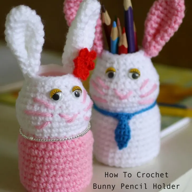 Learn how to crochet pencil holder in a cute bunny design with stashed yarns. You neeed a drink bottle (I used Vitagen bottle) and google eyes.