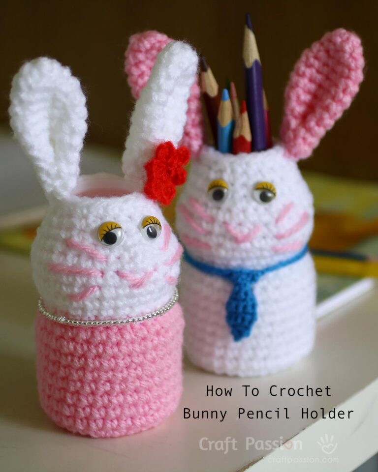 Learn how to crochet pencil holder in a cute bunny design with stashed yarns. You neeed a drink bottle (I used Vitagen bottle) and google eyes.