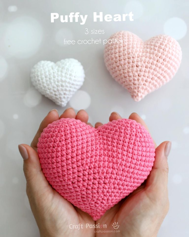 Crochet a soft and squishy puffy heart amigurumi with this free pattern in 3 sizes. Includes step-by-step photos and a printable pattern.